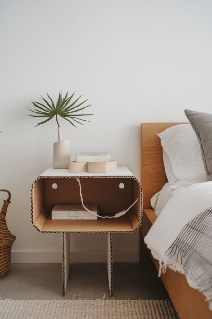 Sleek cardboard bedside storage with hidden compartments on a table