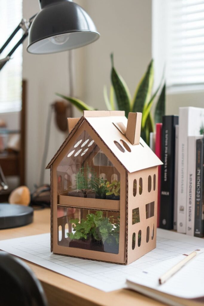 Small cardboard greenhouse with plants inside