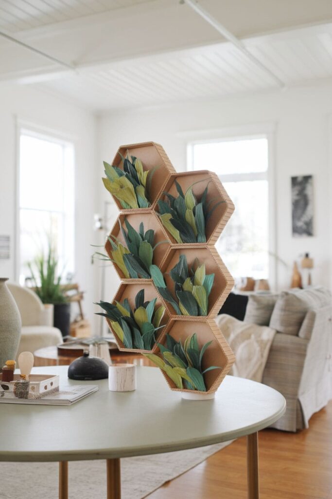 Small cardboard plant wall with hexagonal pods on a table