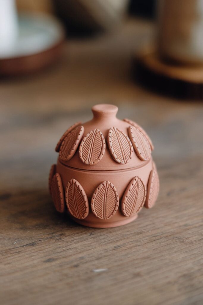 Small clay trinket box with a fitted lid and delicate leaf patterns