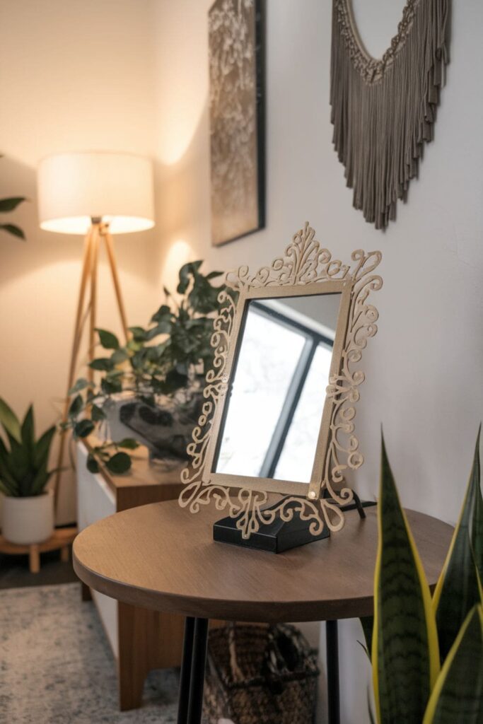 Small mirror with a metallic gold hot glue frame on a table