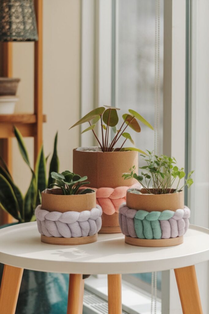 Small wool-wrapped cardboard planters with indoor plants