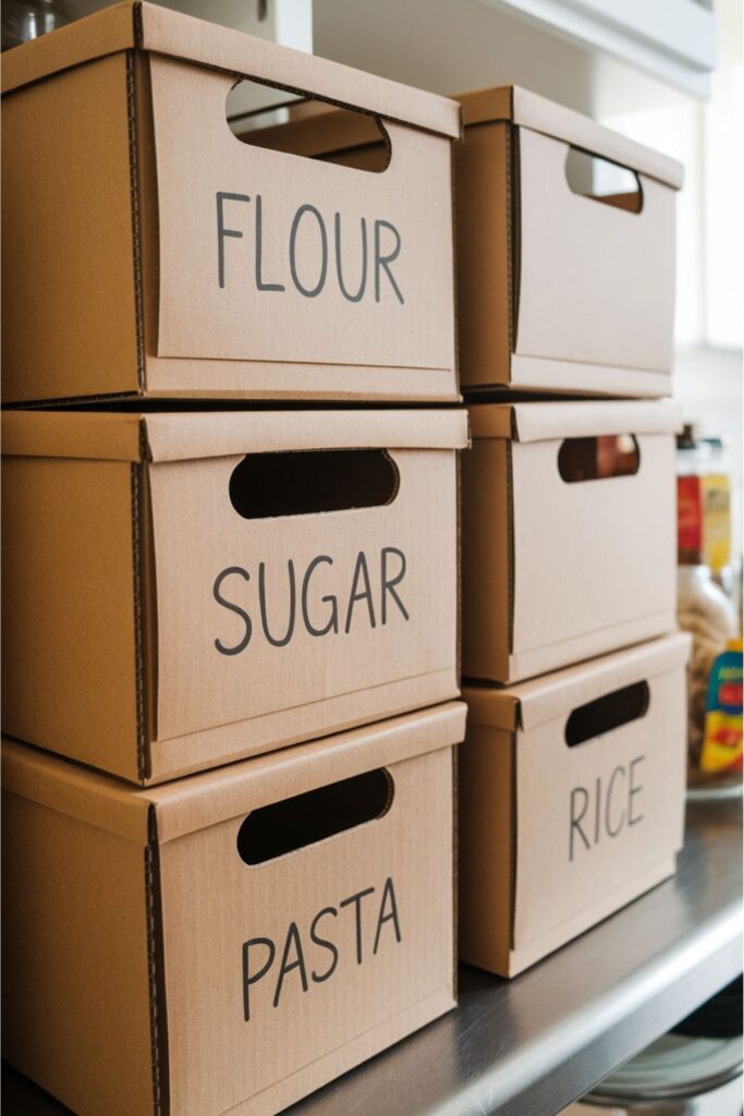 Stackable cardboard pantry bins on a table in a kitchen