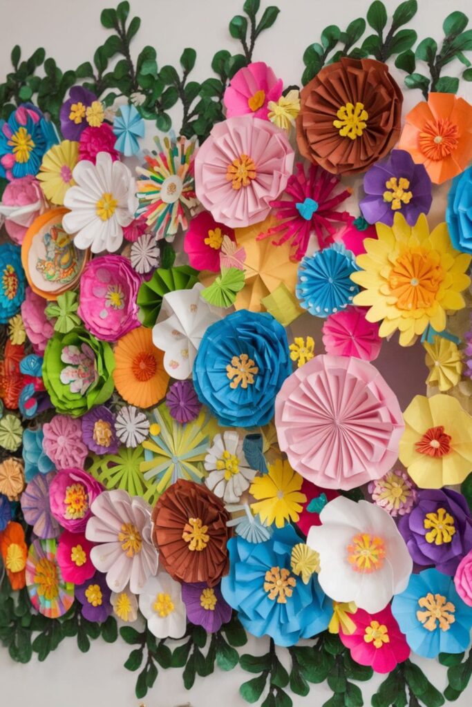 Sticky note flowers creating a colorful 3D wall display