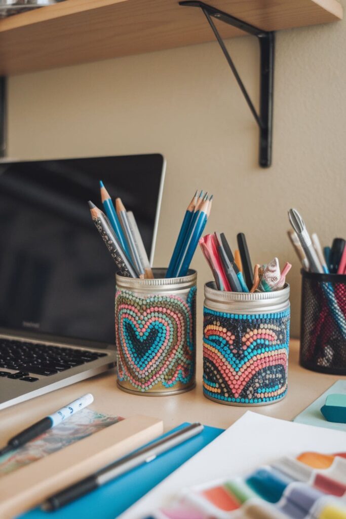 Stylish hot glue-decorated pencil holders on a desk