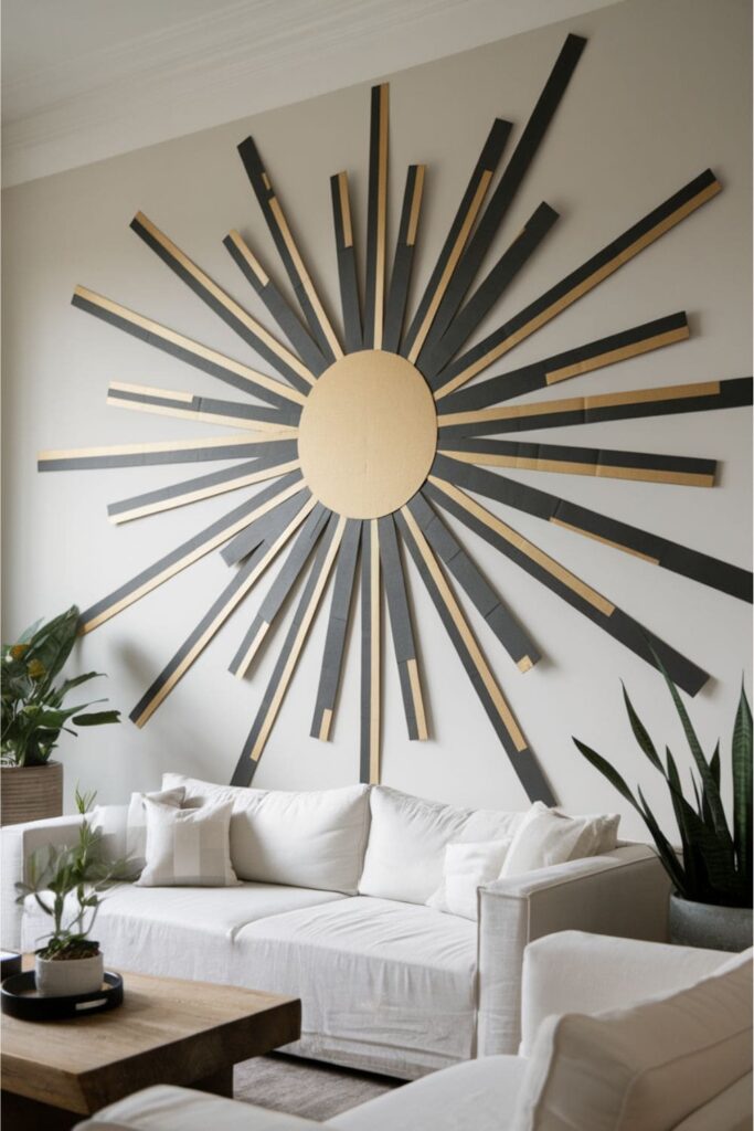 Sunburst wall art with layered cardboard rays in varying lengths and angles