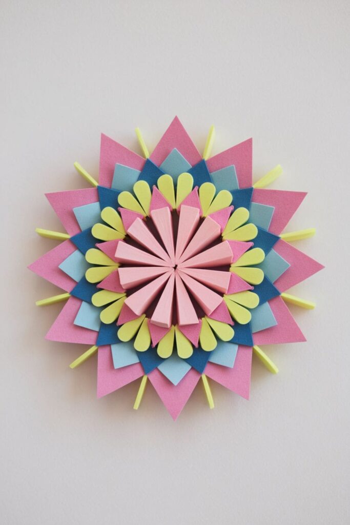 Symmetrical mandala pattern crafted from sticky notes