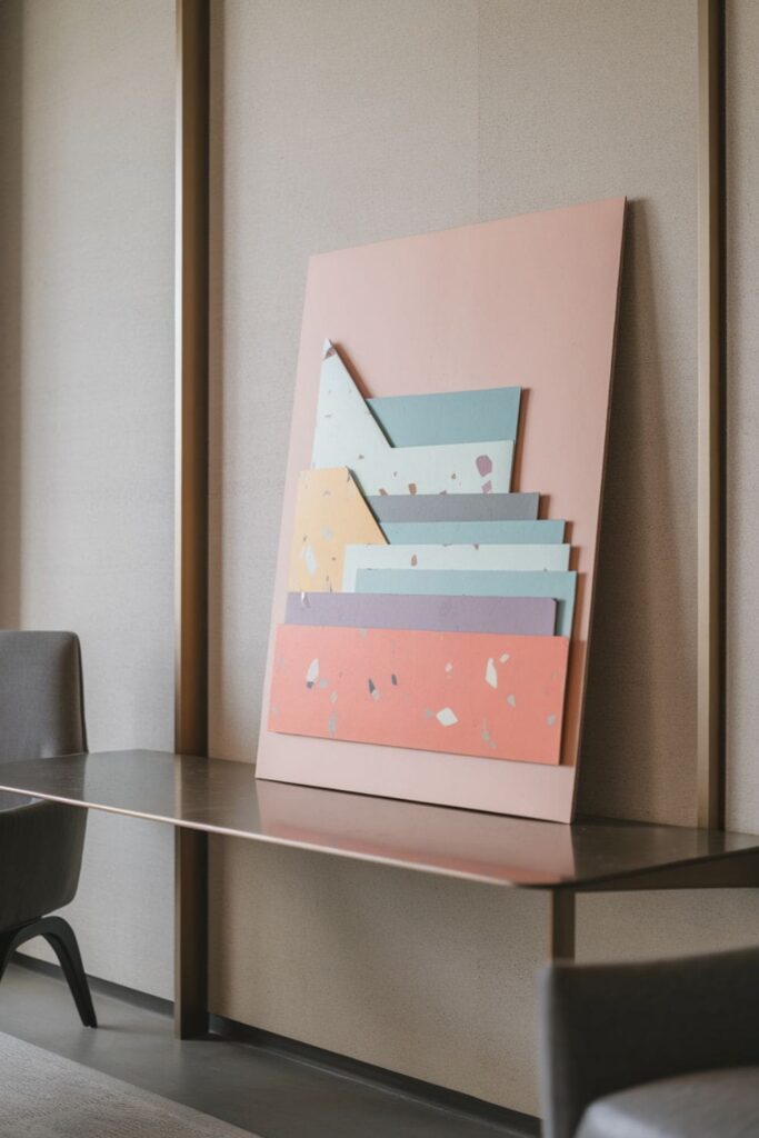 Terrazzo-inspired cardboard wall art in pastel colors on a table