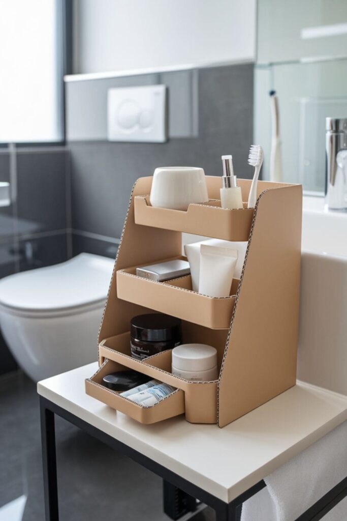 Tiered cardboard bathroom organizer on a countertop table