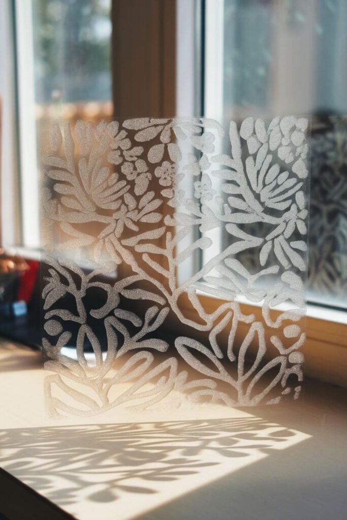 Translucent hot glue patterns casting shadows on a table near a window