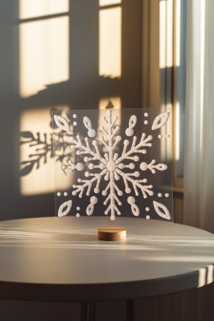 Translucent hot glue window clings with snowflake designs on a table