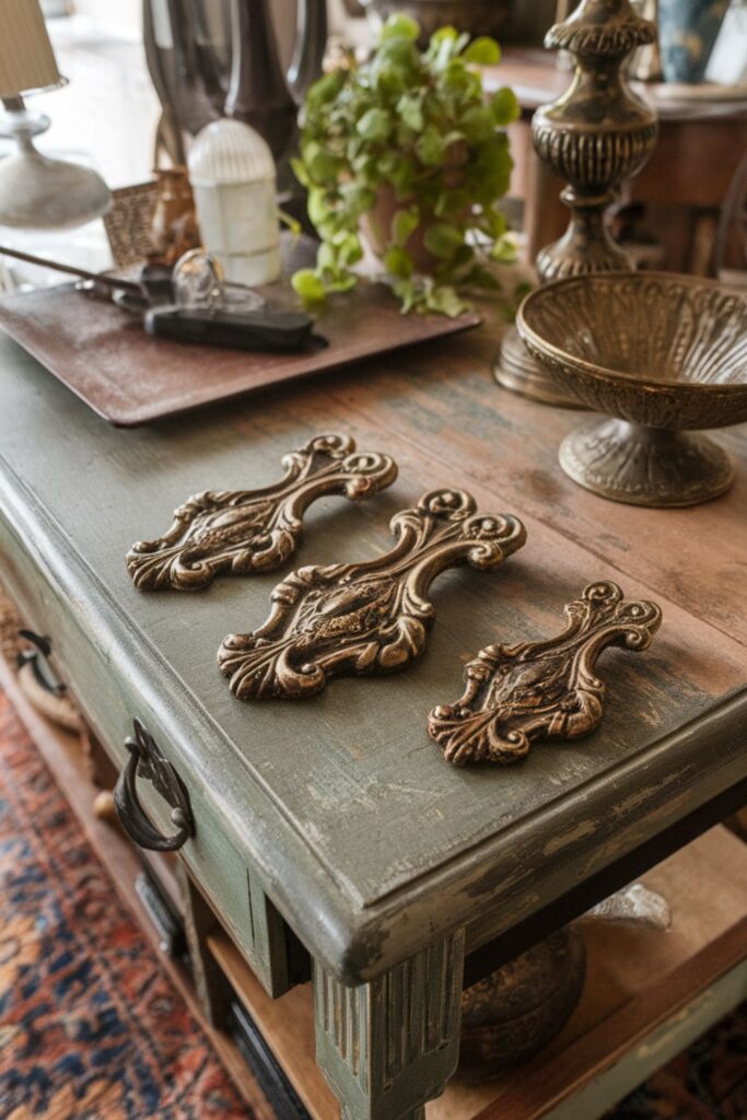 Victorian-inspired faux antique hot glue drawer pulls on a table