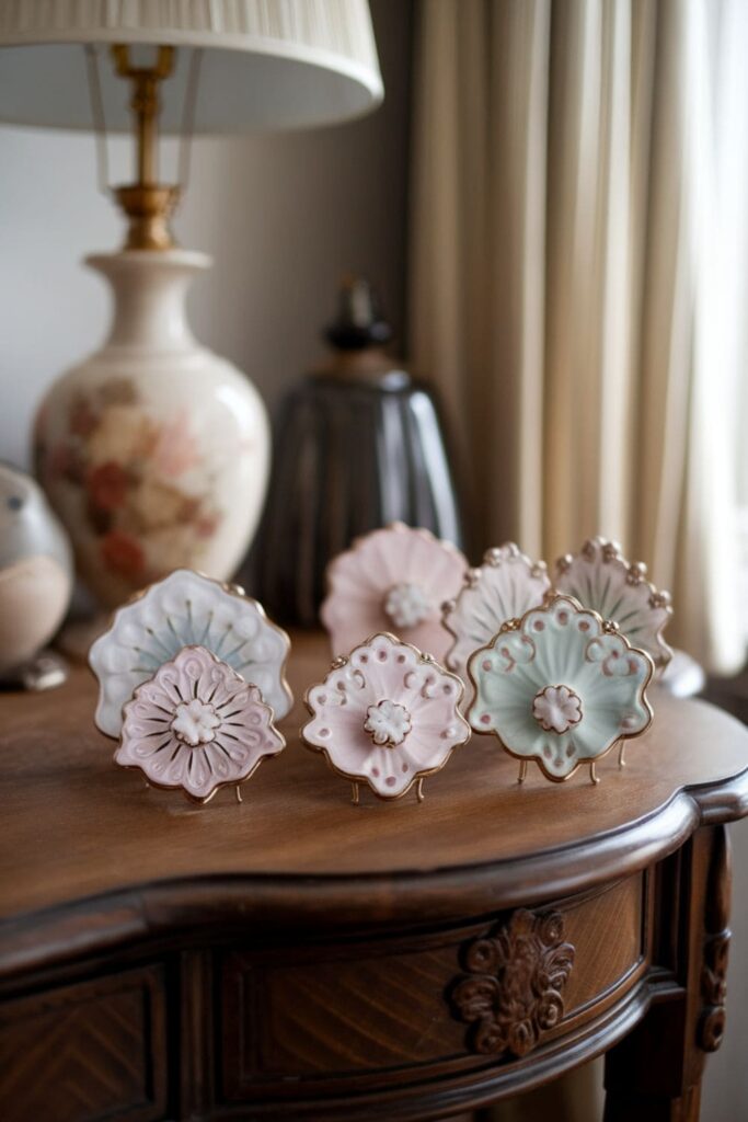 Victorian-style faux porcelain brooches made of hot glue on a table