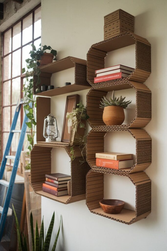 Wall-mounted cardboard shelves holding decor