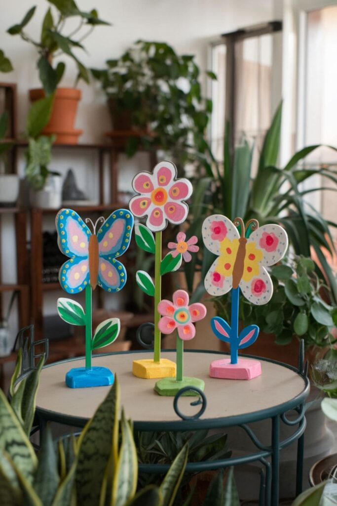 Whimsical hot glue garden stakes with butterfly designs on a table