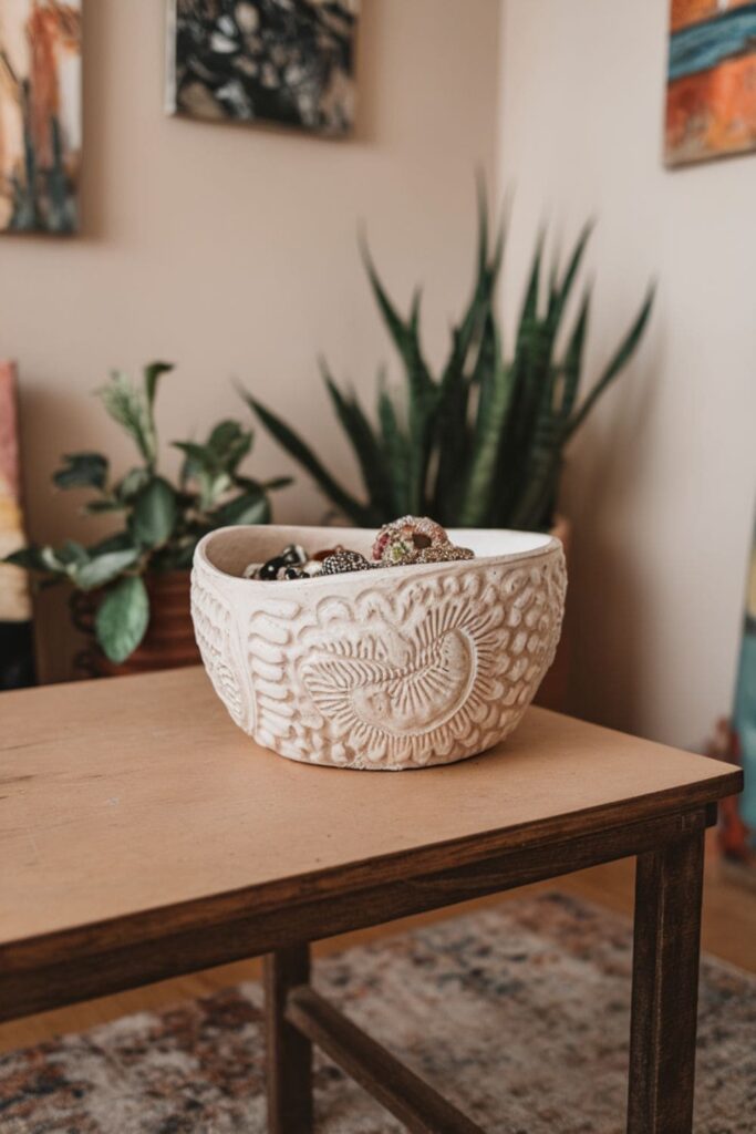 White faux ceramic bowl with textured patterns on a table