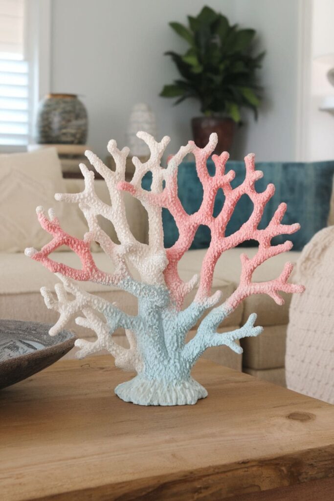 White, pink, and blue hot glue coral pieces on a coastal-themed table