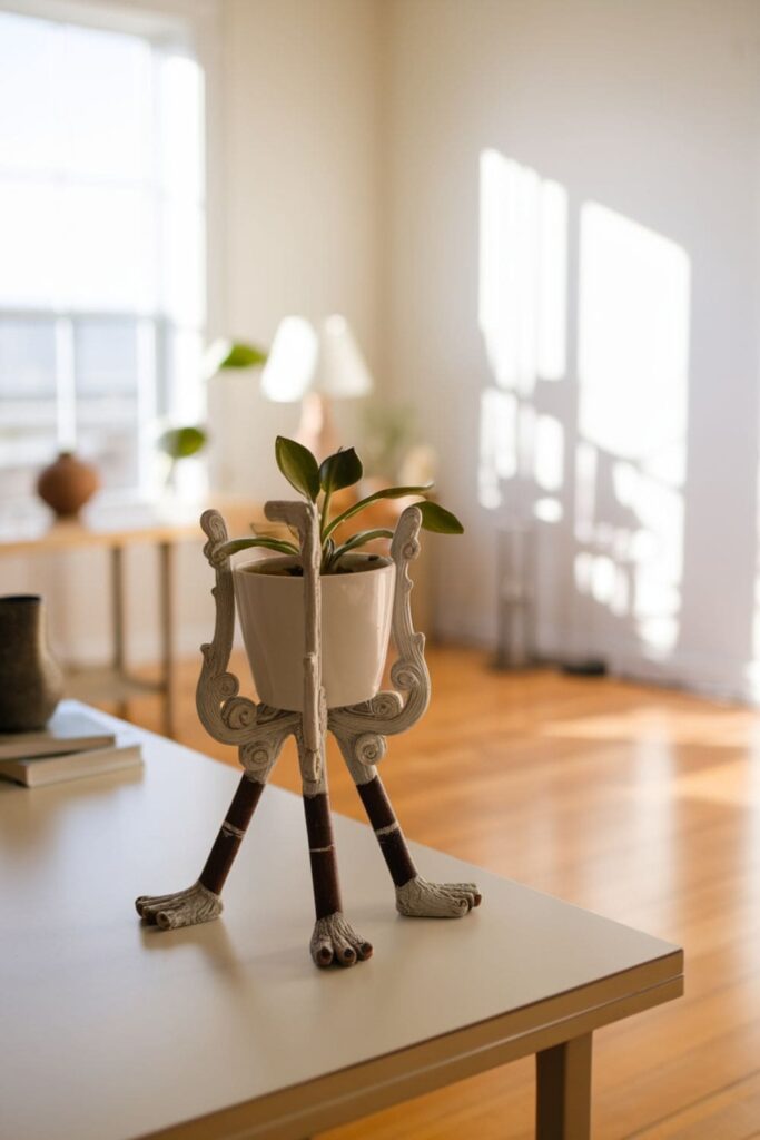 Wood-toned plant stand feet on a table next to a small potted plant