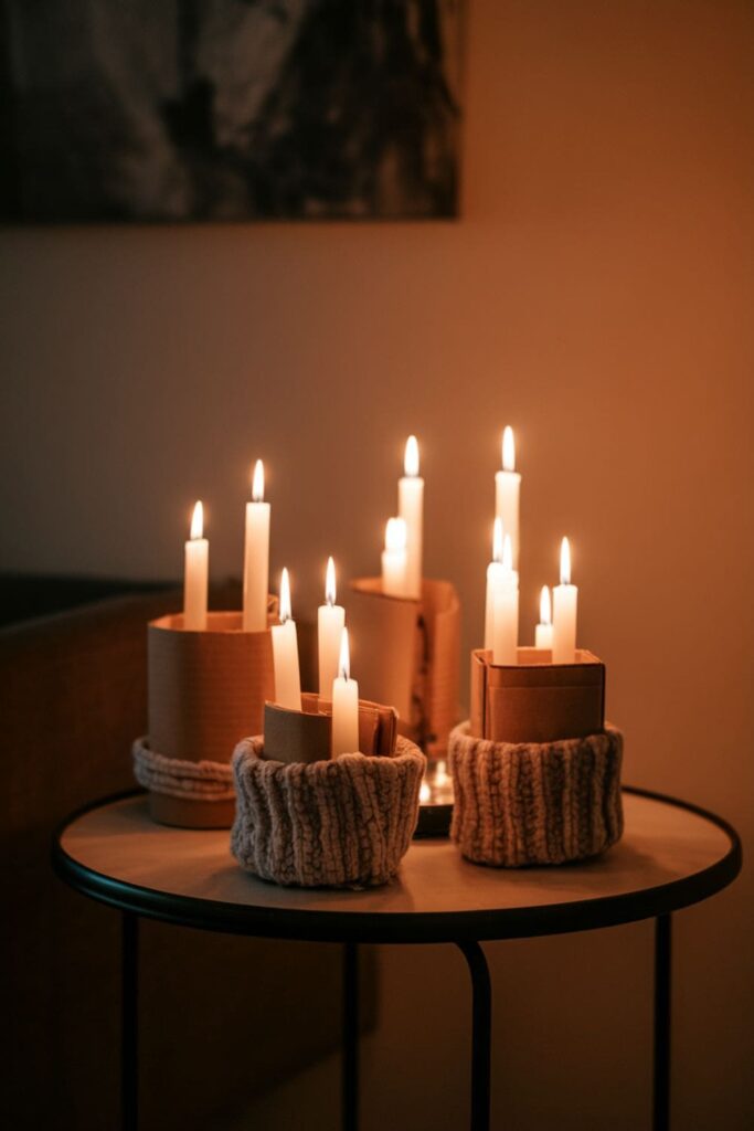 Wool-wrapped cardboard candle holders with lit candles