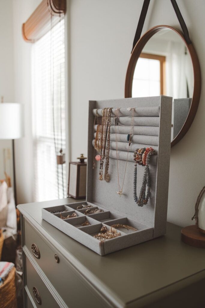 Wool-wrapped cardboard jewelry organizer on a dresser