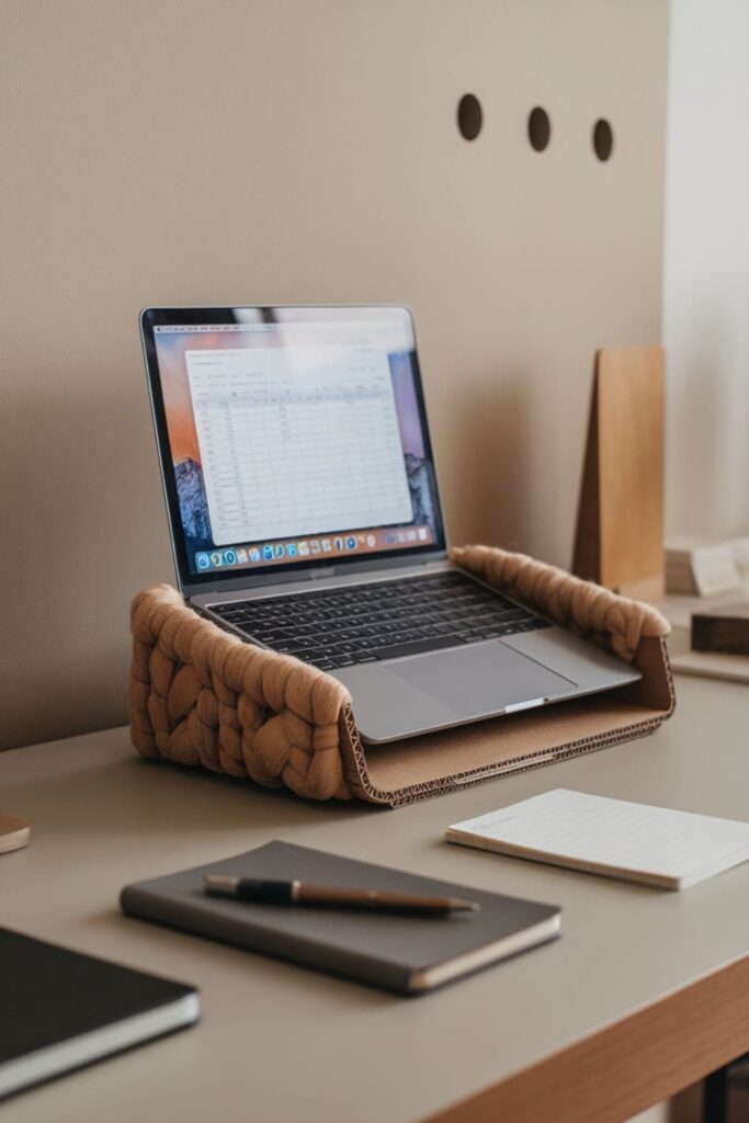 Wool-wrapped cardboard laptop stand holding a laptop