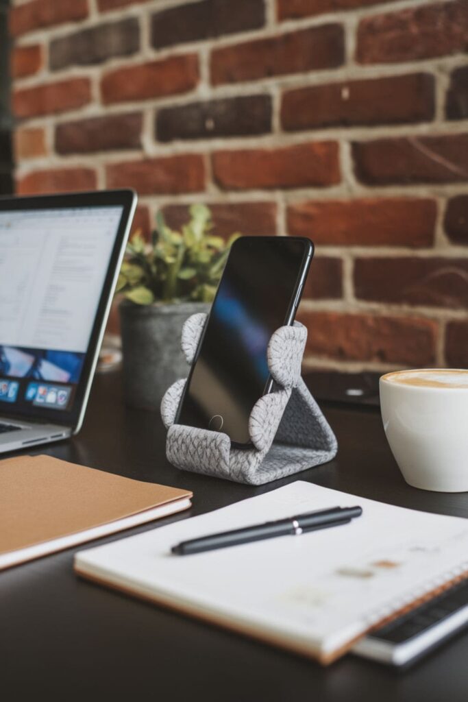 Wool-wrapped cardboard phone stand on a desk