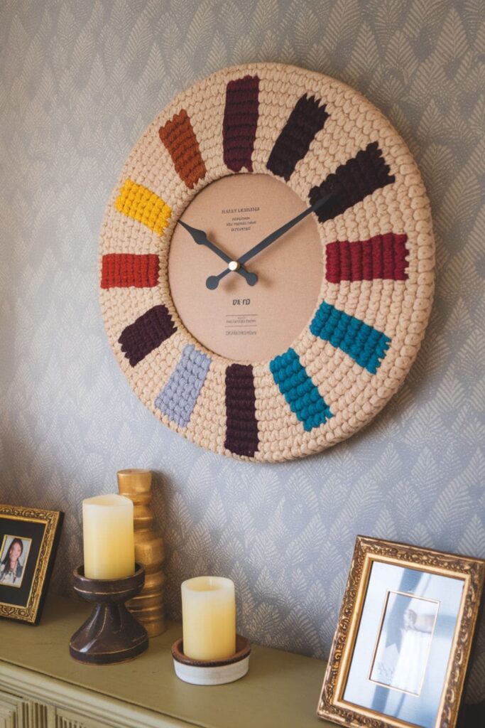 Wool-wrapped cardboard wall clock mounted above a table