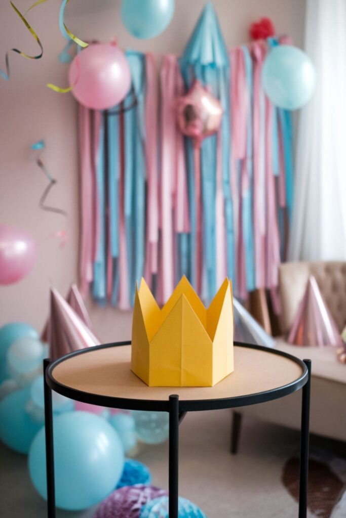 Yellow paper crown made from an A4 sheet on a round table