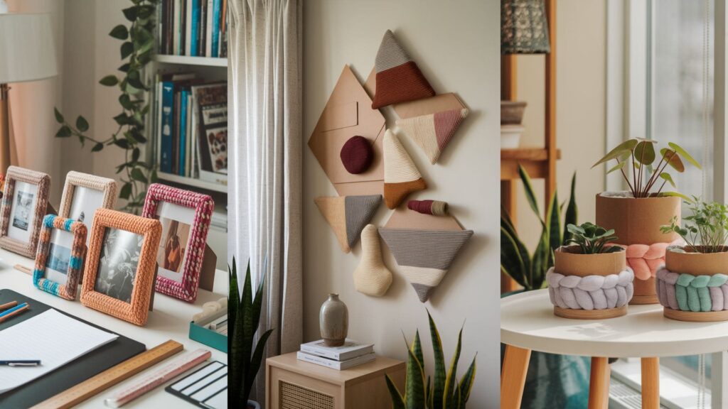 collage of 3 images of cardboard crafts using wool